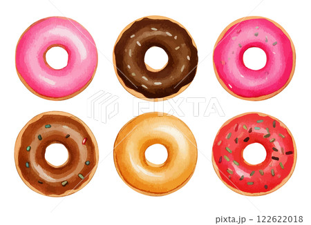 様々な種類のドーナツの水彩イラスト　生成AI 122622018