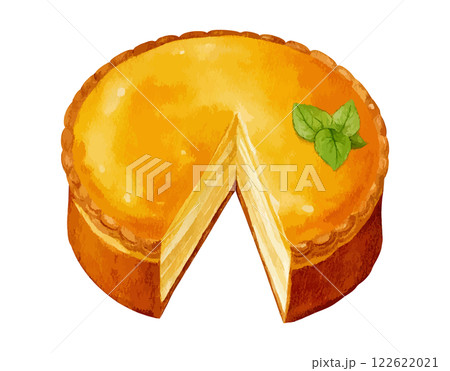 カットされたホールのチーズケーキ　水彩イラスト　生成AI 122622021