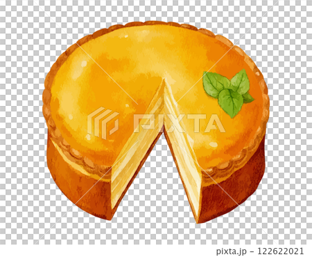カットされたホールのチーズケーキ　水彩イラスト　生成AI 122622021