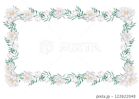 Watercolor Illustration Tropical Frame with White Flowers and Delicate Elegant Foliage for Print, Textile and Web Design 122622048