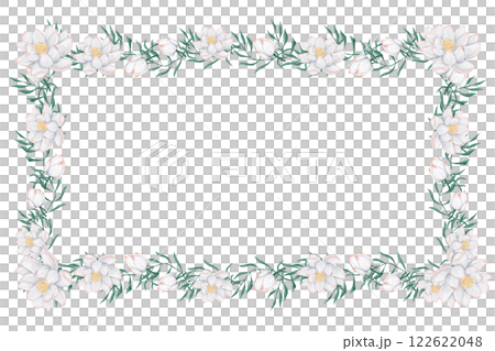 Watercolor Illustration Tropical Frame with White Flowers and Delicate Elegant Foliage for Print, Textile and Web Design 122622048