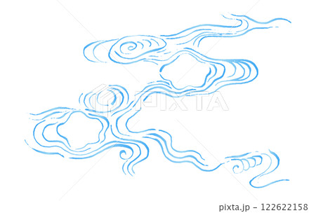 水色の和風毛筆線画イラスト。梅の花の形にうねる波。海や水しぶきのコンセプト 122622158