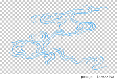 水色の和風毛筆線画イラスト。梅の花の形にうねる波。海や水しぶきのコンセプト 122622158