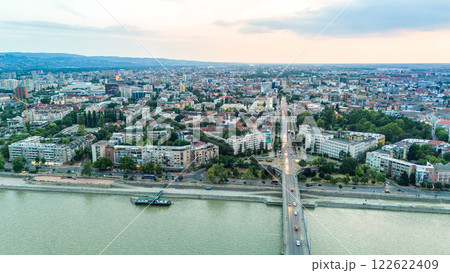 Aerial view of Novi Sad Serbia with Danube river bridge and urban architecture at sunset 122622409