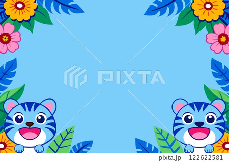 Two funny smiling tigers.Blue frame pink yellow flowers 122622581