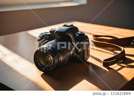 太陽光が差す窓際のテーブルに置かれた一眼レフカメラとストラップ 122622669