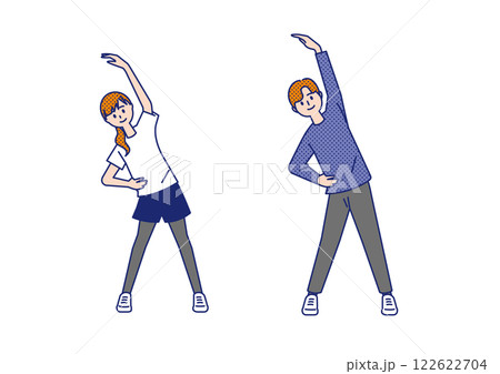 笑顔でストレッチをする女性と男性の全身イラスト 122622704