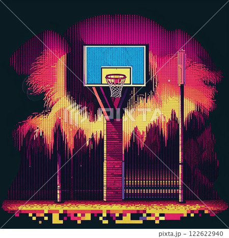 Basketball hoop with neon lights in retro style. Vector illustration. 122622940