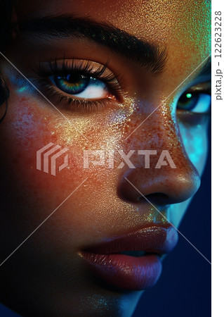 Woman Face glows under hues, golden shimmer covers skin, blue eye contrasts light, textured pores show depth, freckles catch glow, blue eye enhances expression, Face glows with shine. 122623228