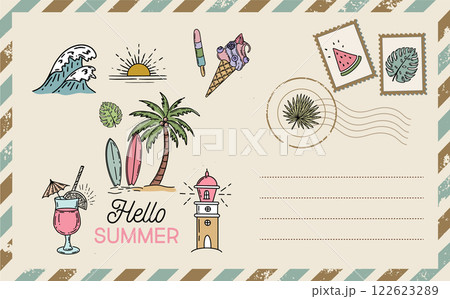 Hello summer, card, Postcard, mail, hand drawn illustrations.	 122623289