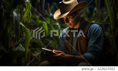 Young farmer using tablet in cornfield at night 122623502