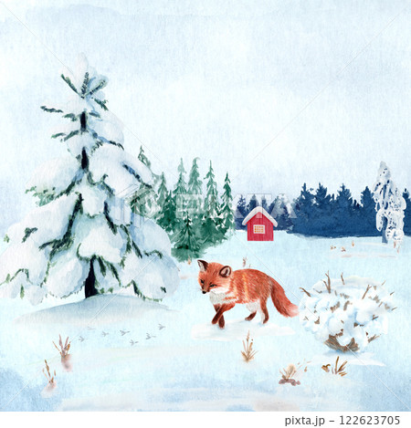 Fox in a winter landscape with a log house watercolor illustration. High quality hand drawn clip art perfect for cards, posters, books, home decor, as a design element for children products, calendars Fox in a winter landscape with a log house watercolor illustration. High quality hand drawn clip art perfect for cards, posters, books, home decor, as a design element for children products, calendars 122623705