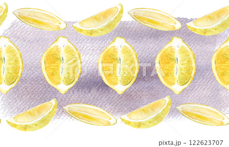 Lemon half fruit and two slices watercolor seamless horizontal border purple background. High quality hand drawn art for food design, recipe, cook book, packages, menu, food ads, label, logo and decor 122623707