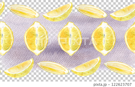 Lemon half fruit and two slices watercolor seamless horizontal border purple background. High quality hand drawn art for food design, recipe, cook book, packages, menu, food ads, label, logo and decor 122623707