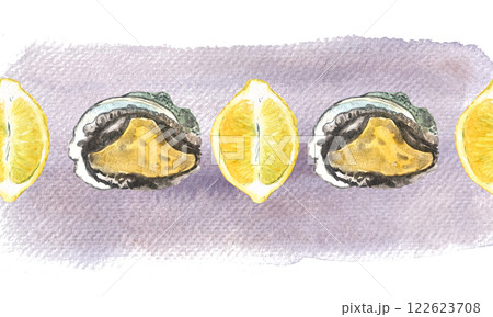 Abalone in a shell and lemon watercolor seamless border on purple background. High quality hand-drawn clip art for notebooks, cook book, wrapping paper, menu, cards, stickers, tourism, dishes, room 122623708
