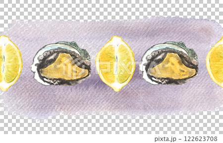 Abalone in a shell and lemon watercolor seamless border on purple background. High quality hand-drawn clip art for notebooks, cook book, wrapping paper, menu, cards, stickers, tourism, dishes, room 122623708