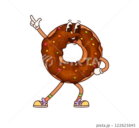 Donut dessert groovy character with funny face and happy smile, cartoon vector. Groovy donut pastry with chocolate and caramel sprinkles dancing disco in hipster shoes as comic cartoon sweet character Donut dessert groovy character with funny face and happy smile, cartoon vector. Groovy donut pastry with chocolate and caramel sprinkles dancing disco in hipster shoes as comic cartoon sweet character 122623845