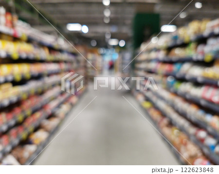 Abstract blurred supermarket aisle with colorful shelves Abstract blurred supermarket aisle with colorful shelves 122623848