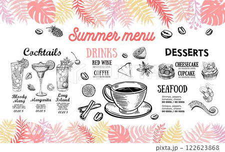 Summer menu, template design. Food flyer. Hand-drawn style. Vector illustration.	 122623868