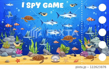 I spy game worksheet with underwater sea animals. Object finding vector puzzle with underwater nature creatures. Counting game, calculating activity with tuna, flying and clown fish, turtle, seaweeds I spy game worksheet with underwater sea animals. Object finding vector puzzle with underwater nature creatures. Counting game, calculating activity with tuna, flying and clown fish, turtle, seaweeds 122623876