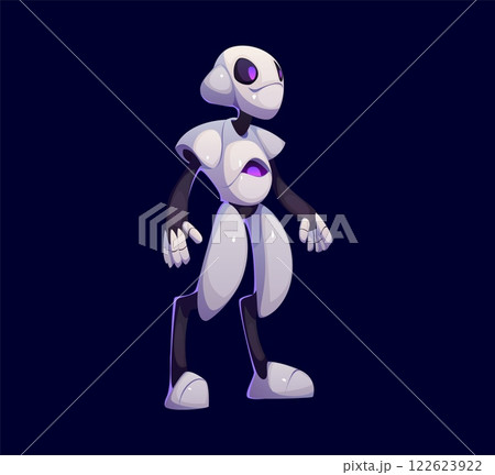 Cartoon futuristic robot character featuring sleek white body with purple accents. Vector digital mascot embodies innovation, technology, modern automation, artificial intelligence and science fiction 122623922