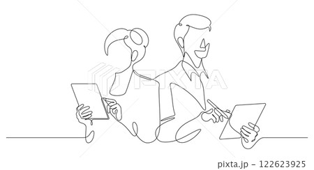 man and woman using digital tablet portrait business posing advertising one line drawing 122623925