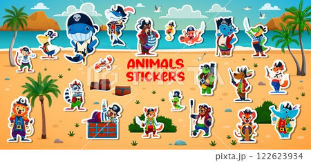 Animal pirate and corsair characters, sailor filibusters stickers pack. Funny pirate captain, sailor and skipper vector personages at treasure island. Cartoon corsair shark, elephant, bear, cat or dog 122623934