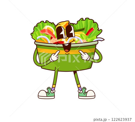 Fast food groovy caesar salad cute character. Vegetarian cafe healthy meal cheerful cartoon mascot, takeaway restaurant dish happy groovy vector character. Fast food caesar salad funny personage 122623937