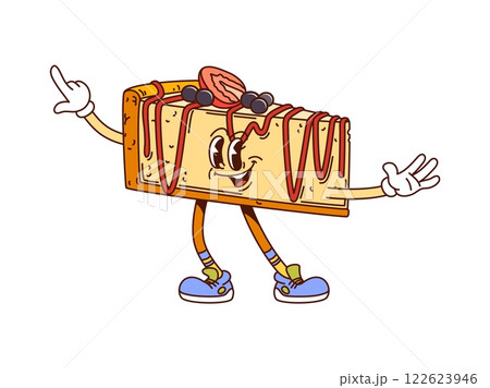 Funny groovy hippie dessert, sweets cartoon character of a slice of cheesecake topped with fresh berries, wearing sneakers and making silly pose. Isolated cartoon vector retro confectionery personage 122623946