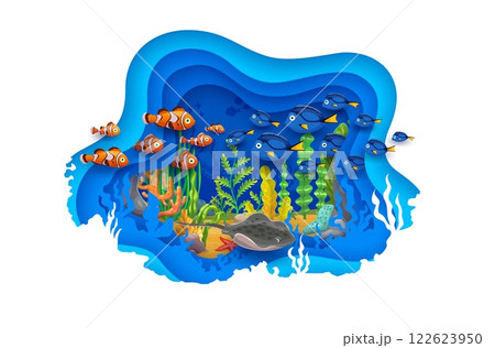 Paper cut underwater landscape with tropical fish shoals and stingray characters at coral reef vector background. Cartoon ray, starfish, blue tang and clownfish underwater landscape in paper cut frame 122623950