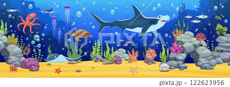 Underwater landscape, cartoon game background with cute fish and sea animals characters, vector UI asset. Shark, octopus, jellyfish and sea turtle, crab, starfish and seashell, underwater landscape Underwater landscape, cartoon game background with cute fish and sea animals characters, vector UI asset. Shark, octopus, jellyfish and sea turtle, crab, starfish and seashell, underwater landscape 122623956