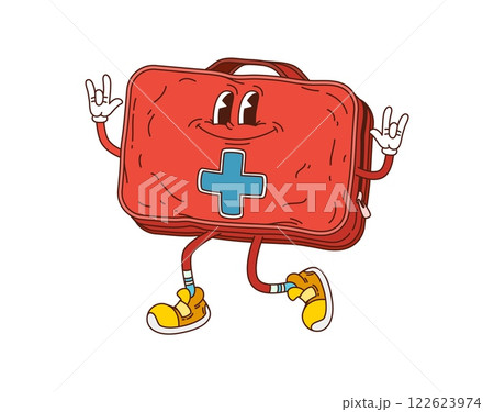 Cartoon first aid kit groovy medicine and health character with playful eyes and retro sneakers, exuding positivity and readiness. Vector red case medical care personage support, and healthy vibe Cartoon first aid kit groovy medicine and health character with playful eyes and retro sneakers, exuding positivity and readiness. Vector red case medical care personage support, and healthy vibe 122623974