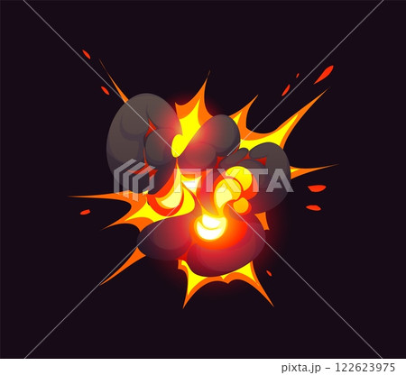 Bomb explosion effect of blast boom cloud of fire and smoke, vector comic cartoon. Bomb explode with fire flash spark and cloud of smoke from explosives and TNT dynamite explosion with boom burst Bomb explosion effect of blast boom cloud of fire and smoke, vector comic cartoon. Bomb explode with fire flash spark and cloud of smoke from explosives and TNT dynamite explosion with boom burst 122623975