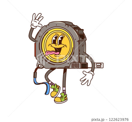 Groovy tape measure character of building, DIY and repairing tool, cartoon vector. Groovy measuring tape with funny face, silly tongue out and happy smile as retro cartoon character of work tool 122623976