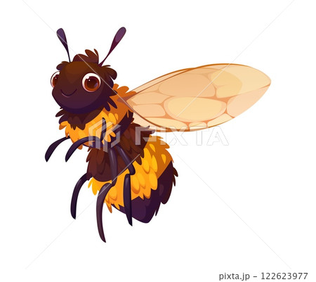 Cartoon funny bumblebee insect character. Isolated vector adorable flying pest personage with large expressive eyes, fluffy yellow and black stripes and translucent wings emphasizing pollination 122623977