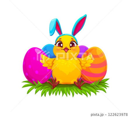 Cartoon Easter eggs, chick character wearing rabbit ears. Farm chick bird cheerful personage, Easter holiday small hen animal or spring newborn chicken vector character with colorful Easter eggs Cartoon Easter eggs, chick character wearing rabbit ears. Farm chick bird cheerful personage, Easter holiday small hen animal or spring newborn chicken vector character with colorful Easter eggs 122623978