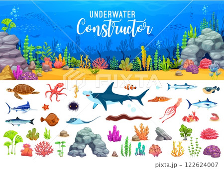 Underwater landscape constructor kit featuring marine life like shark, octopus, fish and turtle, sea vegetation, coral reefs, plants, rocks and marine creatures to create custom underwater landscapes 122624007