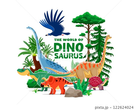 Dino park banner with funny cartoon prehistoric dinosaurs and reptiles, vector background. Jurassic dinosaurs world banner for paleontology museum or kids dino atlas encyclopedia with dinosaur lizards 122624024