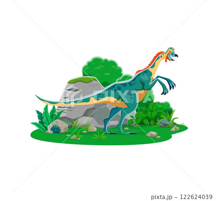 Cartoon oviraptor dinosaur character. Paleontology dinosaur funny comic isolated vector character, extinct lizard or prehistoric animal cute mascot. Jurassic era reptile personage near rock and bushes 122624039