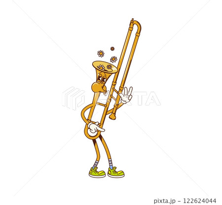 Cartoon groovy trombone musical instrument character whistling a melody with happy carefree face and daisy flower flying out its head. Isolated vector brass pipe or horn personage playing retro music Cartoon groovy trombone musical instrument character whistling a melody with happy carefree face and daisy flower flying out its head. Isolated vector brass pipe or horn personage playing retro music 122624044