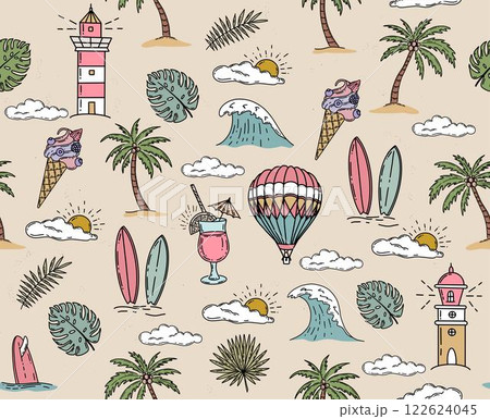 Summer icon set, hand drawn illustration. Summer icon set, hand drawn illustration. 122624045
