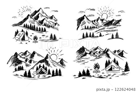 Tent camping in forest near mountains, set, hand drawn illustrations. Vector. Tent camping in forest near mountains, set, hand drawn illustrations. Vector. 122624048