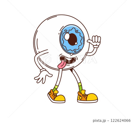 Cartoon groovy eyeball character with a blue iris and a goofy expression sticks out its tongue and makes a fun gesture, wearing retro sneakers. Vector medicine and health personage exuding quirkiness Cartoon groovy eyeball character with a blue iris and a goofy expression sticks out its tongue and makes a fun gesture, wearing retro sneakers. Vector medicine and health personage exuding quirkiness 122624066