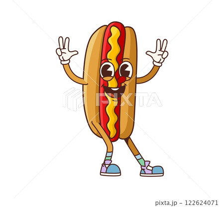 Groovy fast food hot dog retro cartoon character with happy smile, vector emoji. Groovy hotdog sandwich with sausage and funny face, ketchup and mustard sauce for fast food cartoon menu character Groovy fast food hot dog retro cartoon character with happy smile, vector emoji. Groovy hotdog sandwich with sausage and funny face, ketchup and mustard sauce for fast food cartoon menu character 122624071