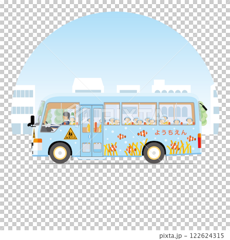Kindergarten shuttle bus running through the city (sideways) 122624315