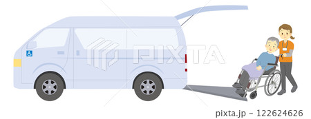 福祉車両と利用者の車椅子を押す介護スタッフのカットイラスト＿おじいさんと女性スタッフ 122624626