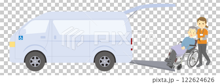 福祉車両と利用者の車椅子を押す介護スタッフのカットイラスト＿おじいさんと女性スタッフ 122624626