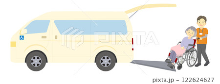 福祉車両と利用者の車椅子を押す介護スタッフのカットイラスト＿おばあさんと男性スタッフ 122624627
