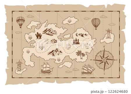 sketch of an old pirate treasure map. Hand-drawn illustrations 122624680