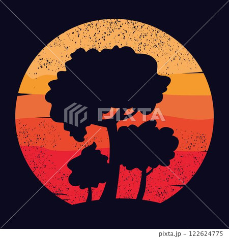 Retro sunset forest. 80s style grunge striped sunsets.Tourism or travel concept, adventure logo. Vector illustration. 122624775